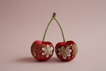 Decorative Red Cherry Ornament with Floral Embroidery on Soft Pastel Background for Minimal Still Life Design
