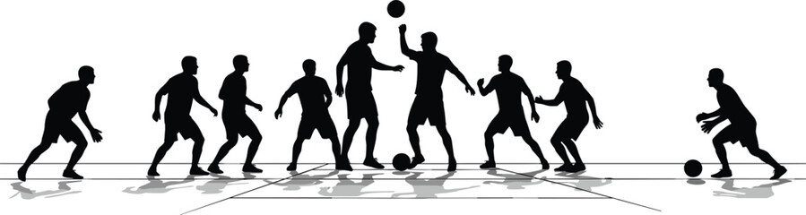 Obraz premium Soccer Match Action Silhouette Set Featuring Men Playing Football With Ball Control Heading And Goalkeeper Poses Isolated On White Background For Sports Teamwork Graphic Design
