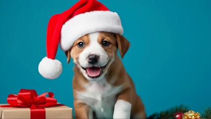 Adorable puppy in santa hat exploring christmas gifts on blue background