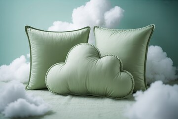 Soft Sage Green Cloud Pillow with Minimalist Bedding and Dreamy Sky Background