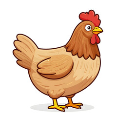 Cartoon Illustration of a Friendly Brown Chicken with Bright Red Comb and Orange Beak Standing Proudly