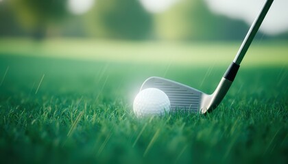 Close up of a Glowing Golf Ball on Green Grass with an Iron Club, Ready for a Precise Shot on the Course