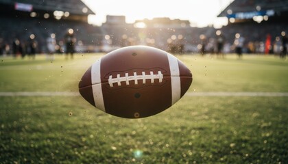 Close up of American Football Flying over a Blurred Stadium Field with Sun Flare
