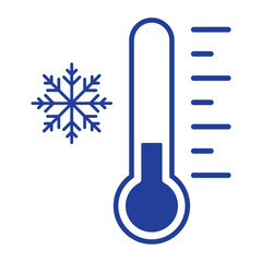 Blue thermometer with snowflake icon vector. Cold temperature symbol isolated on white. Winter weather sign for forecast, meteorology, freezing climate and thermostat.
