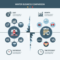 Winter concept infographic with snowmen, trees, snowflakes, and various seasonal elements.