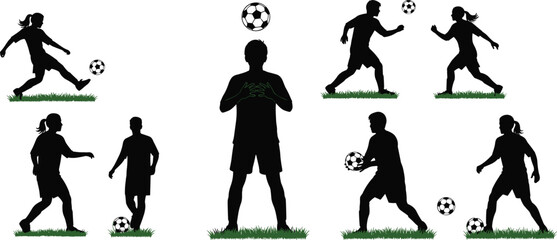 Soccer Player Silhouette Collection Featuring Men and Women Dribbling Ball Heading And Controlling Football On Grass For Sports Teamwork Graphic Design And Coaching Materials © Sherina
