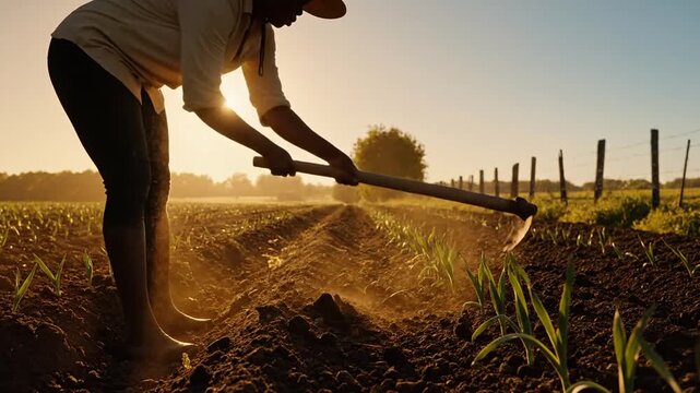 Person tilling soil with hoe in sunlit field showing early crops and fence line