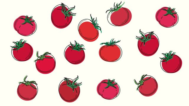 A vibrant motion graphic featuring playfully stylized tomatoes with smooth, organic animations. This eye-catching video loop is perfectly suited for healthy eating campaigns