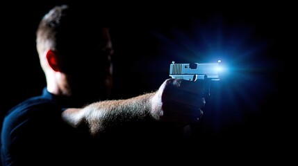 Fototapeta premium Man points gun with flashlight in dark setting during night