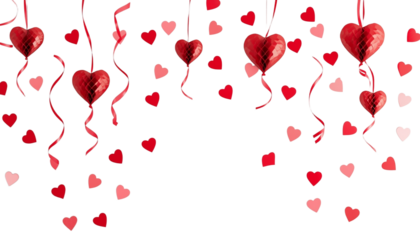 A romantic scene with heart balloons and confetti on transparent background
