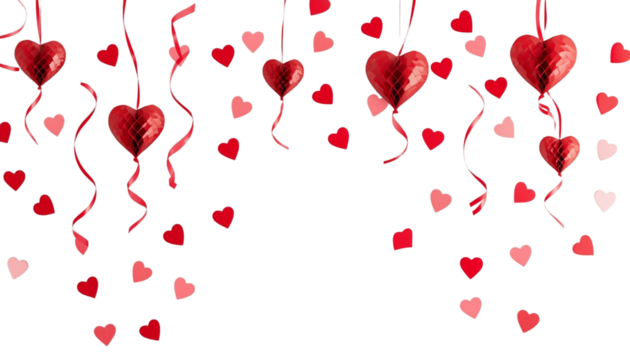 A romantic scene with heart balloons and confetti on transparent background - Powered by Adobe