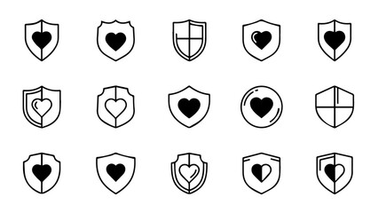 Collection of shield and heart symbols isolated on white background, Vector