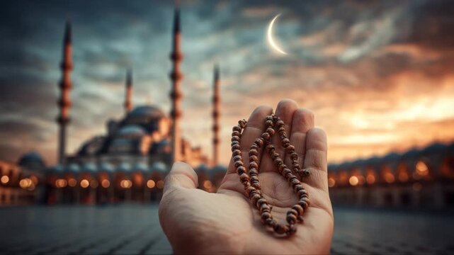 Hand holding prayer beads against a mosque backdrop during twilight, showcasing the crescent moon and intricate architectural details, emphasizing spiritual reflection and devotion