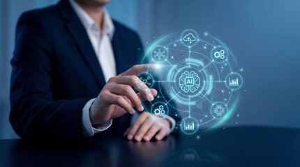 Businessman interacting with futuristic AI technology interface