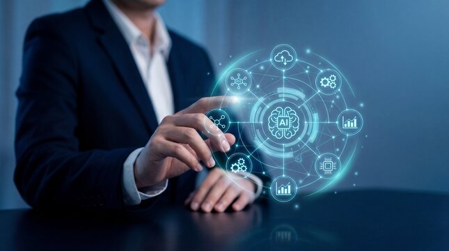 Businessman interacting with futuristic AI technology interface - Powered by Adobe