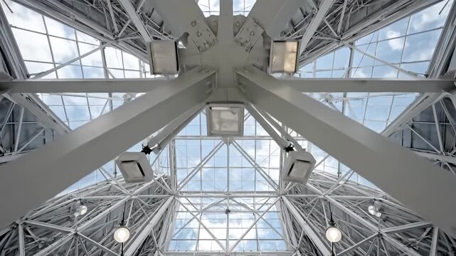 Upward View Of Modern Industrial Steel Framework With Skylight And Daylight Showcasing Precision Engineering And Architectural Strength