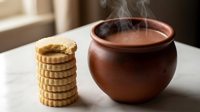 Warm beverage accompanied by stacked biscuits illustration