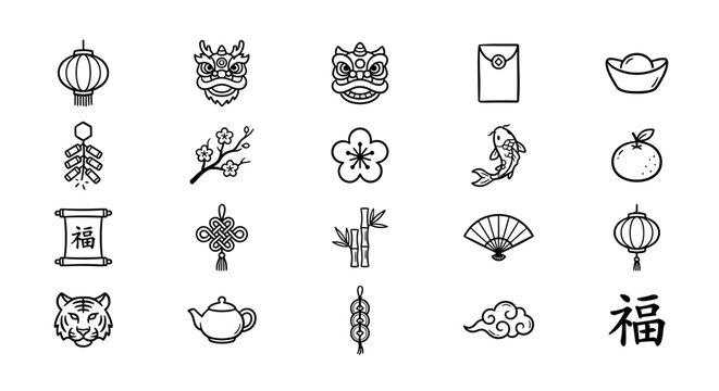 Collection of line art icons representing Chinese New Year elements such as lanterns, lion dance heads, and traditional symbols.