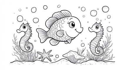 Obraz premium Cute cartoon sea creatures underwater scene, coloring book image