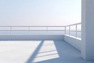 Obraz premium Minimalist white balcony with geometric shadows and clear sky background