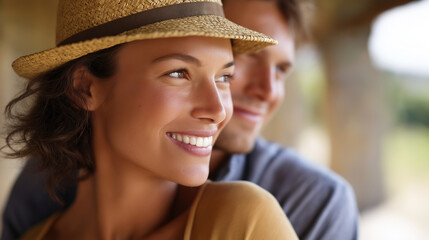 Cheerful faceless couple out on holiday vacation leisure travel enjoyment relationship bonding recreational outing tourism experience defocused background with copy space