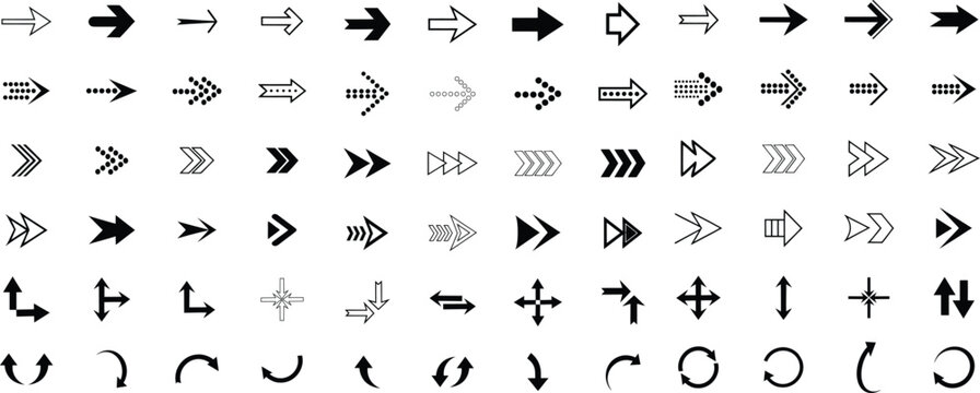 Collection of various black arrow icons and symbols on white background