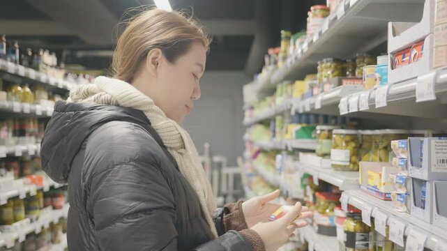 A woman is seen shopping in a grocery store aisle, examining products on the shelves.