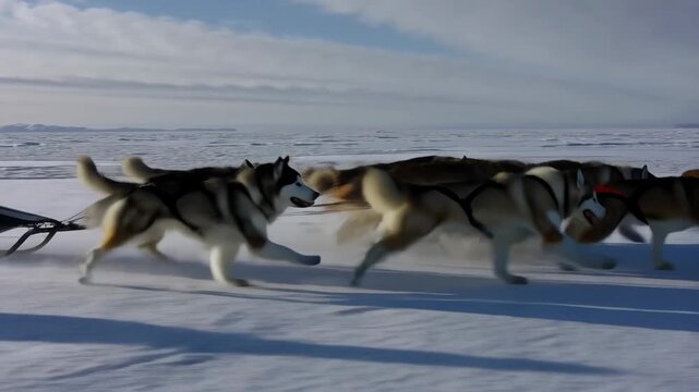 Alaskan Malamute dog sled team racing across frozen sea ice landscape in winter daylight