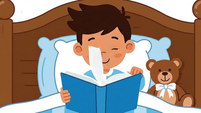 A boy reads a book in bed with a teddy bear