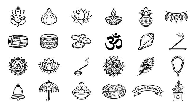 Collection of detailed line art illustrations depicting various Hindu religious symbols.