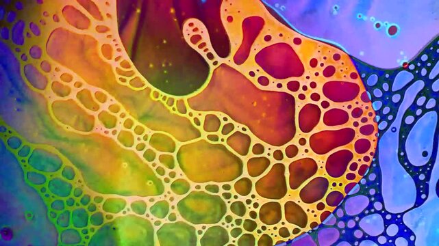 1970s psychedelic liquid projection with vibrant colours. Artistic dye pattern in ink and oil. Abstract artwork of cosmic visual reaction.