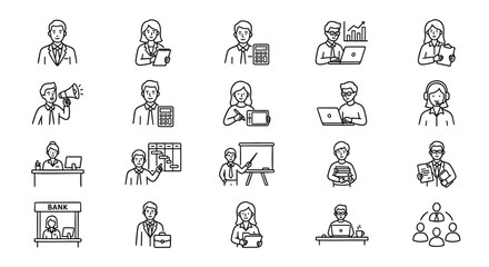 Collection of line art icons depicting various business professionals and office activities.