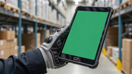 Worker using rugged tablet with green screen in modern warehouse for inventory management operations