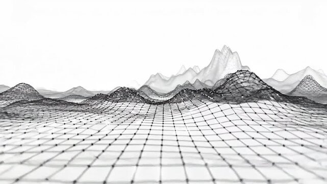 Abstract wireframe landscape with mountains, representing technology, data visualization, and futuristic concepts.