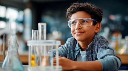 Faceless biracial boy engaged in science experiment at school STEM education laboratory learning academic curiosity scientific discovery youth education defocused background