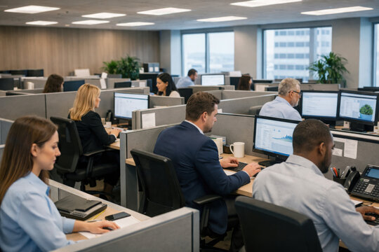 Office workers focus on tasks in a bright workspace during business hours in a modern building