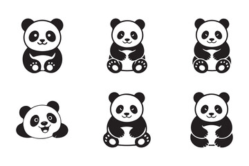 Panda bear cub collection, adorable animal characters in different sitting postures, black white vector © MST