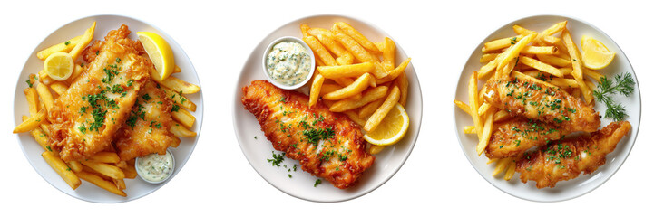 Three plates of fish and chips with lemon isolated on a transparent background