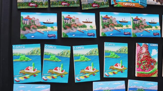 View of traditional tourist souvenirs and gifts from Kerkyra, Corfu island, Ionian sea, Greece, fridge magnets with text "Corfu","Greece" and key ring keychain, in local vendor souvenir shop kiosk
