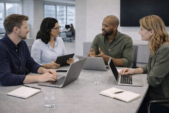 Fictional team collaborating in a hybrid office using laptops and tablets with blank screens, modern workspace and realistic lighting, professional teamwork concept, contemporary flexible workplace en