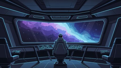 Fototapeta premium Astronaut in Spacecraft Control Room Gazing at Galaxy.