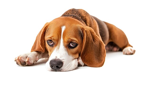 Relaxed Beagle Dog Lying Down on a White Background