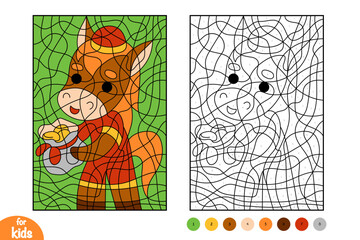 Fototapeta premium Lunar New Year color by number with a cute horse. A happy character in festive clothes and bag of coins. Fun and simple holiday worksheet for kids.