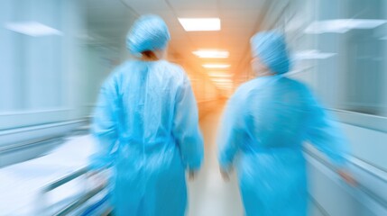 Obraz premium Medical workers walk in hospital corridor wearing protective gear