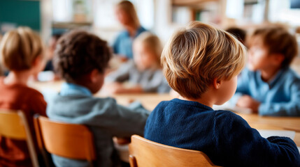 Group faceless multi ethnic kids in classroom space educational environment youth learning diverse students academic setting school atmosphere defocused background with copy