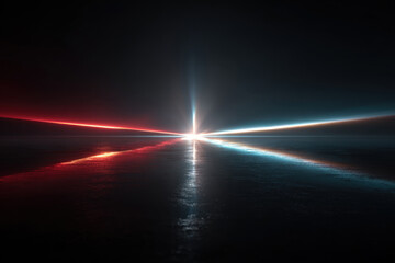 sharp beams of white and red lasers in the dark