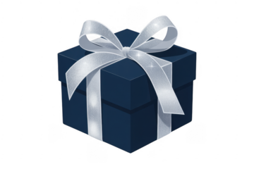 Dark blue gift box with silver bow ribbon present isolated on a transparent background