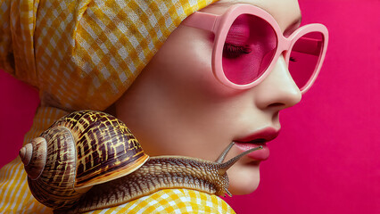 Portrait de femme avec un escargot sur l'&eacute;paule