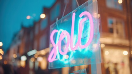 Neon sign in a shop window at night in a busy city street