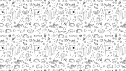 Fototapeta premium Mexican food and drink seamless pattern with tacos, sombreros, cacti
